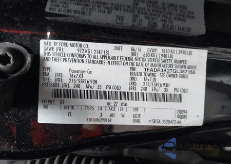 2016 Ford Focus Se z USA, uszkodzony, nr VIN 1FADP3K27GL357168